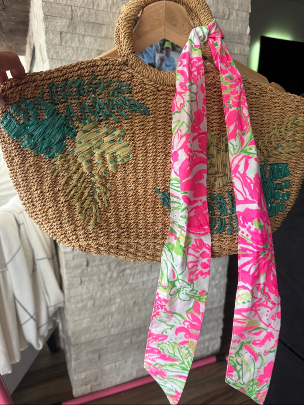 Lilly Pulitzer Straw Palm Tote Bag – Beach Vacation Purse Raffia Round Handle